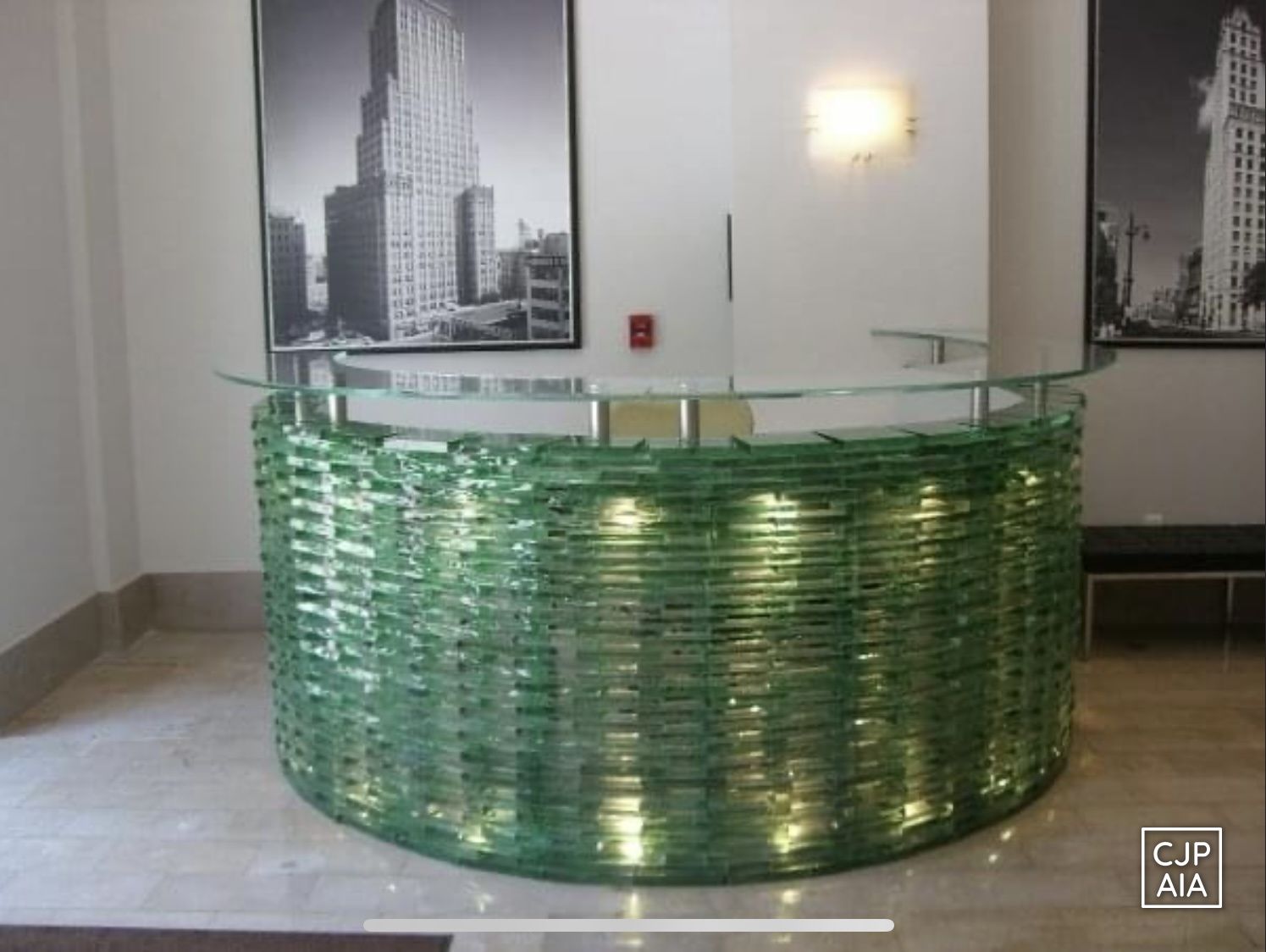 The glass-block reception desk at Court Square Center, Memphis.