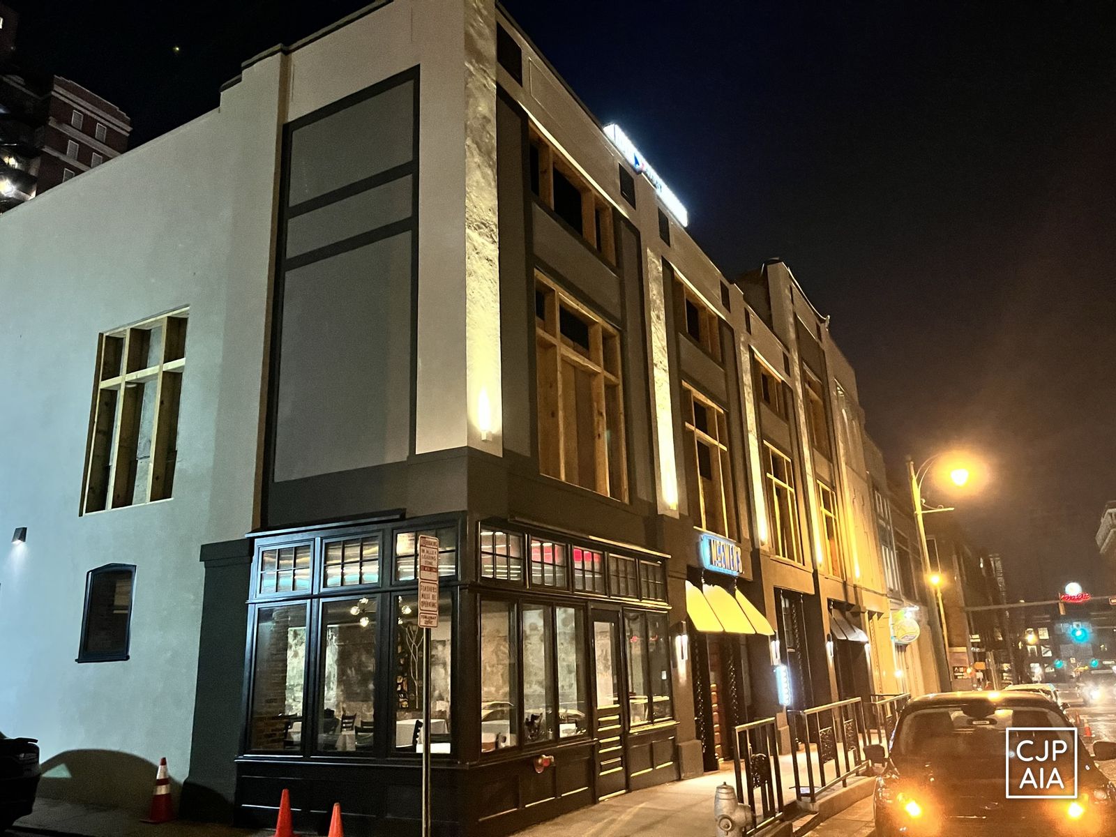 McEwen's on Monroe at dusk, 122–124 Monroe Avenue, Memphis.